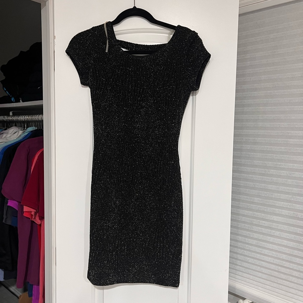 Black sparkly mini dress.